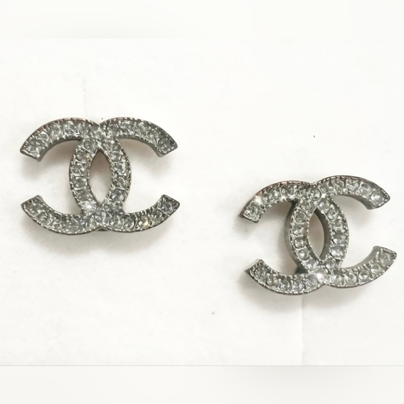 CHANEL Jewelry - COA CHANEL Silver and Crystal Logo Earrings